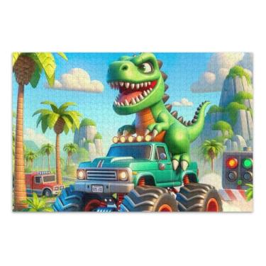 Imagem de Quebra-cabeça de dinossauro dirigindo caminhão educativo e de aprendizagem, quebra-cabeça de desafio para adultos, tamanho final 75 x 50 cm