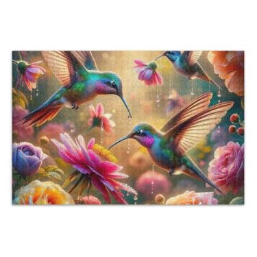 Imagem de Quebra-cabeça de beija-flores DIY presente quebra-cabeça com saco de armazenamento de malha desafio quebra-cabeça para adultos, tamanho acabado 75 cm x 50 cm