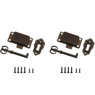 Imagem de KKUANG 2 conjuntos de caixa de joias com gaveta de 53 x 26,5 mm, conjunto de fechaduras decorativas de metal, acabamento em bronze antigo, inclui chaves e parafusos, espelho cosmético, caixa de