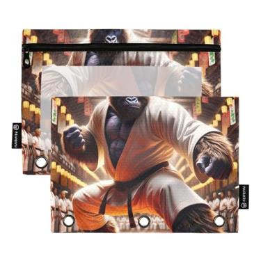 Imagem de Gorilla Karate Bolsa de lápis engraçada com 3 anéis, fichário com zíper, rosa para escola, bolsos transparentes, escritório, 25 x 18 cm, 2 pacotes