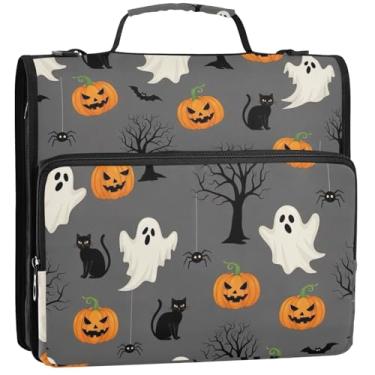 Imagem de White Ghosts Pasta organizadora de fichários escolares de 3 polegadas com zíper resistente com alça de ombro para portfólio colorido comporta 500 lençóis, 34,5 x 31,5 x 9 cm