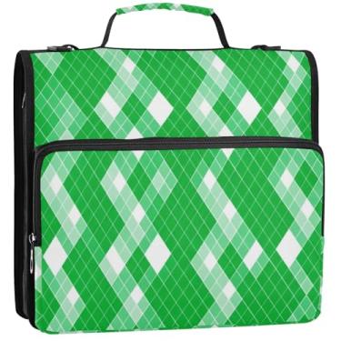 Imagem de Organizador de fichário com zíper retrô grade verde 3 fichários anel D 3,88 cm bolsa engraçada para fichários escolares com alça de ombro, suporte para 500 lençóis, 34,5 x 31,5 x 9 cm