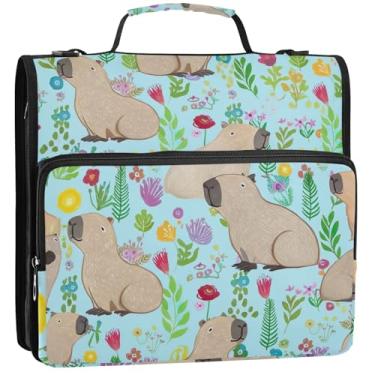 Imagem de Lindas capivaras flores azul-petróleo 3 fichários anel D 1,5 polegada D fichário organizador de fichário ensino médio bolsa de fichário com alça de armazenamento estojo portfólio com alça 34,5 x 31,5