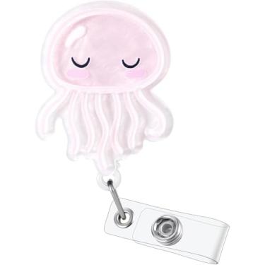 Imagem de Carretel de crachá de água-viva rosa fofo, porta-crachá retrátil pediátrico, crachá de identificação, crachá de trabalho para NICU RN LPN CNA MA ER turno noturno enfermeira estudante de enfermagem OB