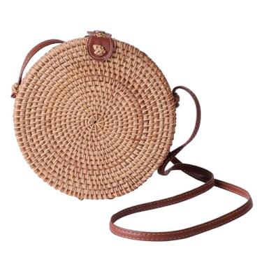 Imagem de Fine Living Bolsa redonda de vime feita à mão com alça de couro – Bolsas transversais de tecido para mulheres, bolsas de palha boho de vime marrom marrom marrom para mulheres, bolsa de férias moderna