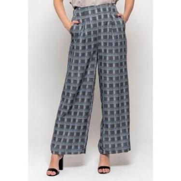 Imagem de Calça Bisô Pantalona Xadrez Preta/ Azul - Azul - P-Feminino