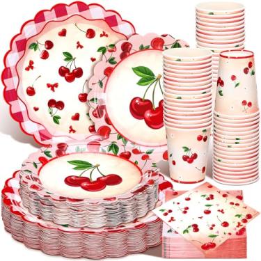 Imagem de Domensi Conjunto de 250 peças de cereja para decoração de festa de aniversário, pratos de papel para festa de cereja, guardanapos, copos, utensílios de mesa, para 50 convidados, pratos de papel
