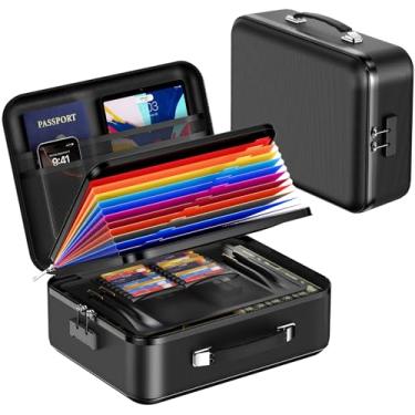 Imagem de Dcorn Caixa de documentos à prova de fogo com fechadura, organizador de arquivos rígido à prova d'água com pasta sanfonada, caixa de arquivos portátil à prova de fogo para armazenamento de documentos