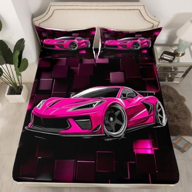 Imagem de Erosebridal Jogo de lençol casal de carro esportivo rosa choque para meninos, esportes radicais, preto e rosa choque, moderno, geométrico, 3 peças, decoração