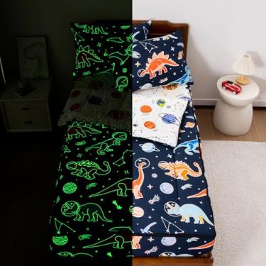 Imagem de NTBED Jogo de cama solteiro com zíper de dinossauro espacial leve que brilha no escuro com lençol de elástico, azul marinho