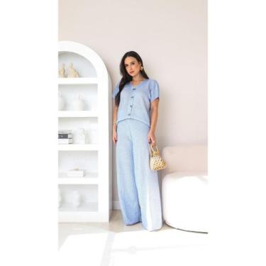 Imagem de Conjunto Feminino Tricô Verão 100% Acrílico Blusa Soltinha + Calça Ret