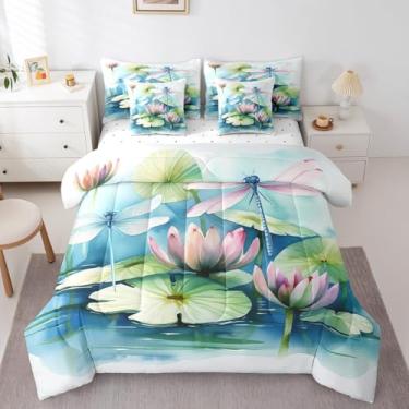 Imagem de Erosebridal Conjunto de edredom solteiro com libélula, folha de lótus, flor rosa em um saco, 7 peças, estilo rústico, rústico, com lençol e fronhas