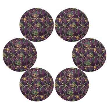 Imagem de Wassud Jogo americano conjunto de 6 tapetes de mesa redondos com design de máscara de carnaval para cozinha e jantar, tapetes laváveis resistentes ao calor, decoração de mesa 39 cm