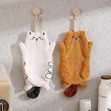 Imagem de Pacote com 2 toalhas penduradas de secagem rápida em forma de gato em forma de gato adequadas para banheiro e cozinha (branco e amarelo, 2)