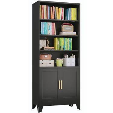 Imagem de Estante de livros de 188 cm de altura com portas, estante de metal com armário de armazenamento e prateleiras ajustáveis, prateleiras de armazenamento de exibição de piso de 6 camadas para sala de