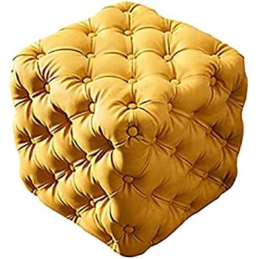 Imagem de Luxuoso descanso de pé otomano de couro amarelo, banco de pé cubo moderno e mesa de centro, banquinho multifuncional, móveis elegantes de 45 x 45 x 45 cm