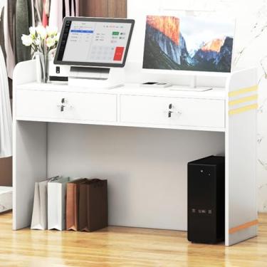 Imagem de Mesa de recepção, caixa frontal com gavetas trancáveis, balcão de varejo moderno mesa de recepção pequena para salão de beleza e supermercado (branco, 80 x 40 x 92 cm)