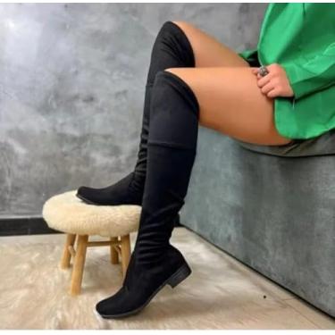 Imagem de Bota Feminina Camurça Cano Alto Salto Baixo Over The Knee Luxuosa Conforto (Tamanho Padrão, BR, Adulto, Numérico, 34)