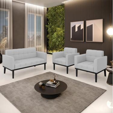 Imagem de Conjunto 2 Poltronas e 1 Namoradeira Decorativa Karen Pés Fixo em Madeira Preto Linho Cinza G19 - Gran Belo