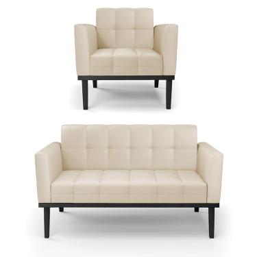 Imagem de Conjunto Poltrona e Namoradeira Decorativa Karen Pés Fixo em Madeira Preto PU Bege G19 - Gran Belo