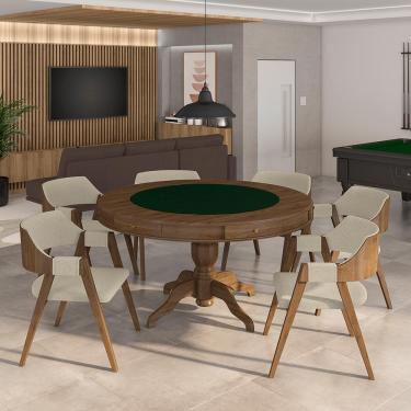 Imagem de Conjunto Mesa de Jogos Carteado Bellagio Tampo Reversível Verde e 6 Cadeiras Madeira Poker Base Estrela Linho OffWhite/Nogueira G42 - Gran Belo