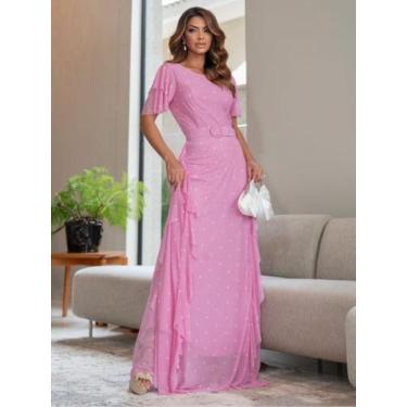 Imagem de Vestido Longo Elegante de Festa Casamento Formatura Manga Curta com Ba