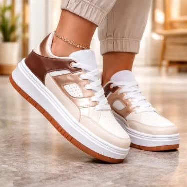 Imagem de Tênis Feminino Casual Couro Sola Alta Estiloso Leve - Sundance, Marrom