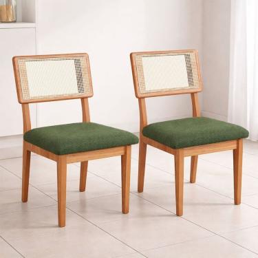 Imagem de Kit 2 Cadeiras de Jantar Assento Estofado em Tecido Linho com Encosto em Tela Palha Mdf Freijó / Verde