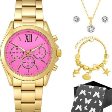 Imagem de Relogio feminino aco inox banhado + pulseira oculos + caixa moda prote