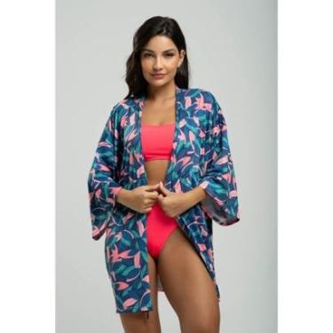 Imagem de Saída de Praia Kimono Estampado Tecido Proteção Solar Uv 50+-Feminino