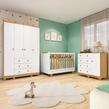 Imagem de Quarto de Bebê Completo Zuri 5 Portas 7 Gavetas 100% Mdf Branco Brilho/Amêndoa - Móveis...