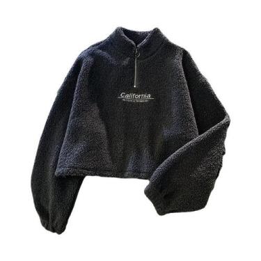 Imagem de Moletom Feminino Cropped De Fleece Com Capuz, Manga Longa, Bordado De 