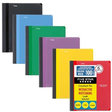 Imagem de Five Star Livros de composição interativos para anotações, pacote com 6, 1 matéria, papel pautado universitário, 28 x 21 cm, 100 folhas, personalizável, vermelho, amarelo, verde, azul, roxo, preto (38612)