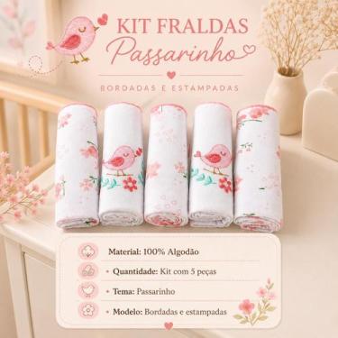 Imagem de Kit 5 Fraldas de Pano Luxo Bebê Tema Passarinho 100% Algodão - Marybab