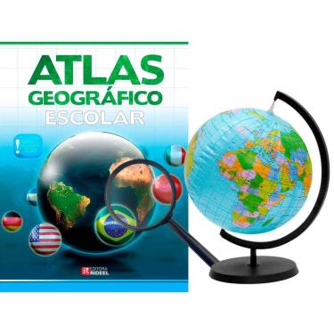 Imagem de Kit Globo Terrestre Inflável + Lupa e Atlas Escolar Em Português Giratório Com Suporte E Base Plástico 30x17 cm