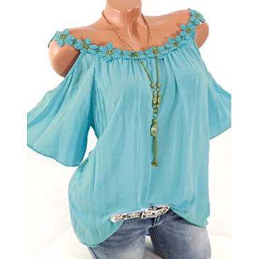 Imagem de yeacher -border roupas femininas europeias e americanas 2020 verão desejo rendas gola redonda sem alças camiseta de cor sólida feminina azul celeste XL