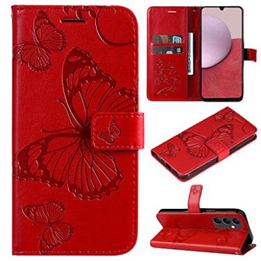 Imagem de Capas de telefone borboleta em relevo Samsung Galaxy A14 5G capa de couro luxo slots para cartão de visita clipe de carteira à prova de choque capa de telefone Samsung A14 5G capas (vermelho, Samsung A14 5G)