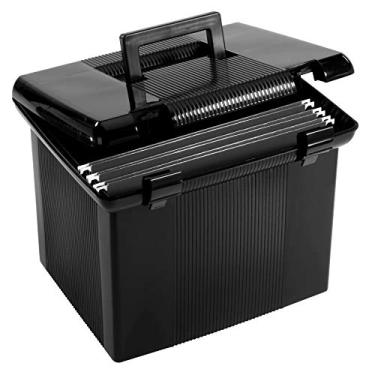 Imagem de Pendaflex Caixa de arquivo portátil com trilhos de arquivo, armazenamento simples de documentos, caixa de arquivos para casa e escritório, tampa articulada com fecho duplo, preta, 3 pastas suspensas