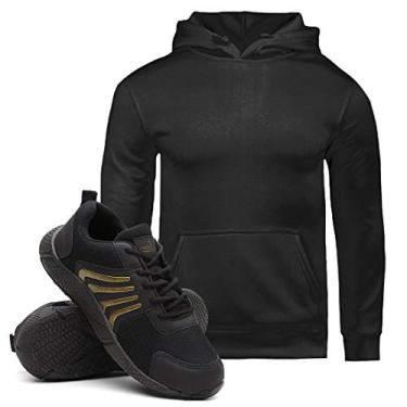 Imagem de Moletom Masculino Canguru + Tenis Running Masculino Academia - Preto/M - Dourado/39