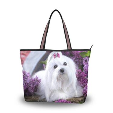 Imagem de ColourLife Bolsa feminina com alça branca para cachorro e flores lilás bolsa de ombro, Multicolorido., Medium