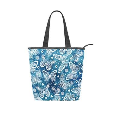 Imagem de Bolsa feminina de lona durável, azul, branca, aquarela, borboletas, grande capacidade, sacola de compras