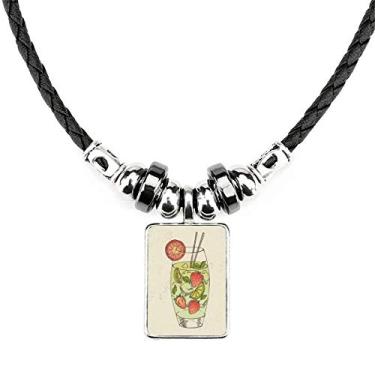 Imagem de DIYthinker Colar com estampa de suco de fruta de morango com pingente de corda de couro