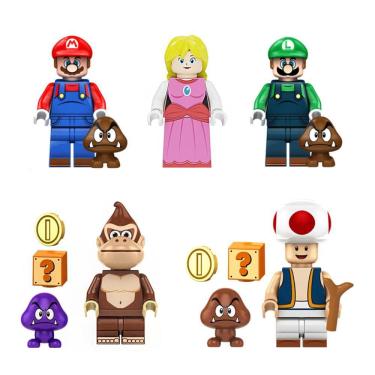 Imagem de Kit Bonecos Super Mario Bros Luigi Princesa Peach Toad Donkey Kong Game Bloco  De Montar