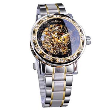 Imagem de Relógio masculino Steampunk Skeleton Diamond Carving Relógio de pulso mecânico Relógio neutro