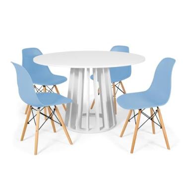Imagem de Conjunto Mesa de Jantar Redonda Talia Branca 120cm com 4 Cadeiras Eames Eiffel - Azul Claro