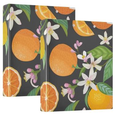 Imagem de Fichários de caderno de três anéis, fichários de caderno de 3 cm com bolsos, pacote de 1/2 fichários escolares, 200 folhas douradas, padrão limão e laranja, frutas tropicais