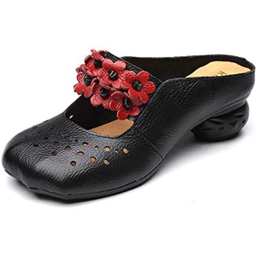 Imagem de Sandália feminina de bico quadrado vazado salto bloco flores tira Mary Janes Mules elegante confortável chinelos, Preto, 34