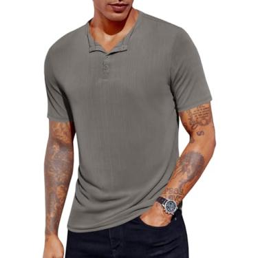 Imagem de Runcati Camiseta masculina manga curta Henley casual malha de algodão textura slim fit verão praia camisetas, Cinza, M