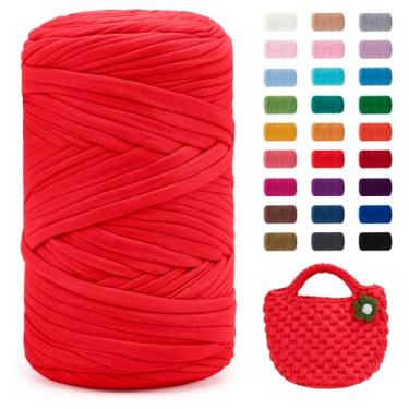 Imagem de JeogYong Fio de camiseta, 400 g/130 jardas tecido super macio de tecido de crochê, fio grosso de tricô à mão para sacos/cestas/tapetes, decoração de casa, artesanato DIY (vermelho)