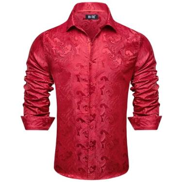Imagem de Hi-Tie Camisas sociais masculinas vermelhas florais casuais de botão camisas de manga longa jacquard tecido seda festa de casamento, 3GG, Vermelho, 3G